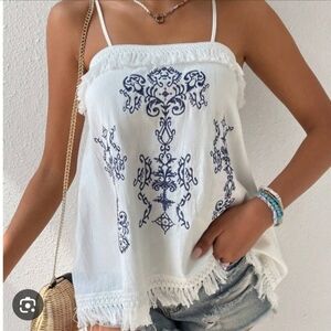 SHEIN White and Navy Embroidered Camisole
